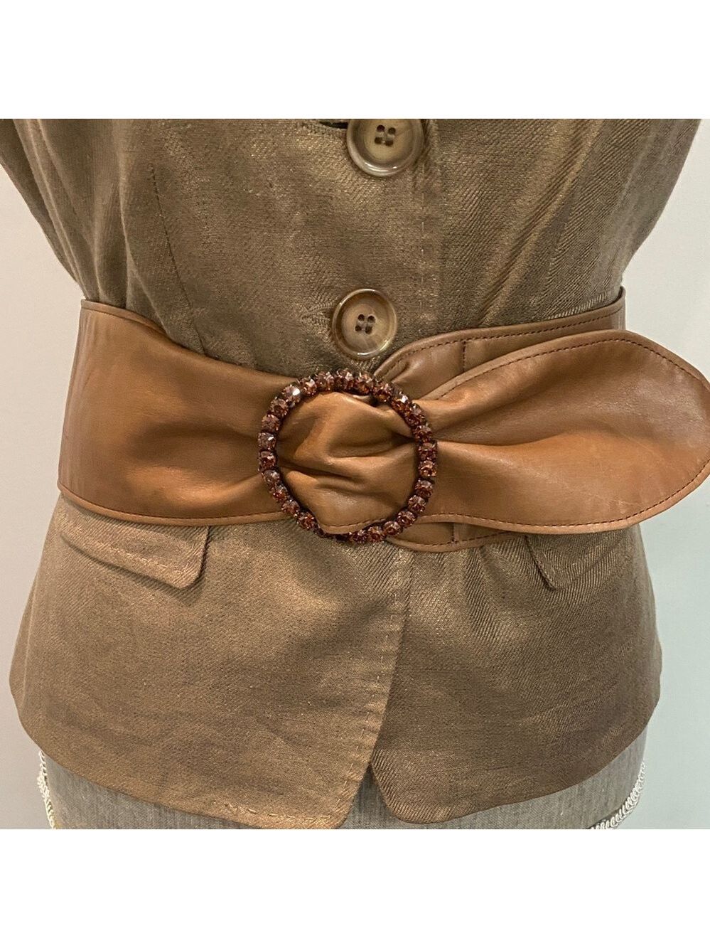 Brown Faux Leather Belt with Beaded Buckle Waist Cinch Size M/L